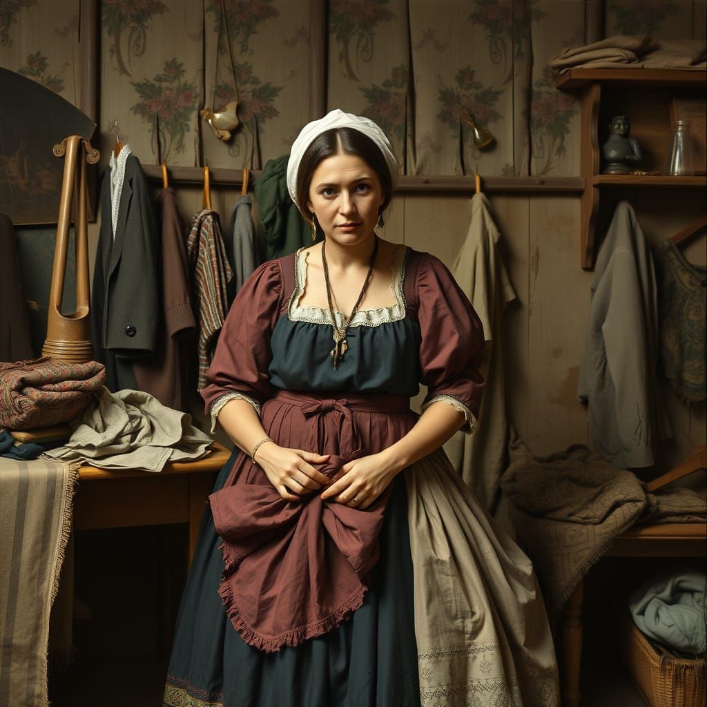Victorian Era Housemaid Mends Clothing in Elegant Household