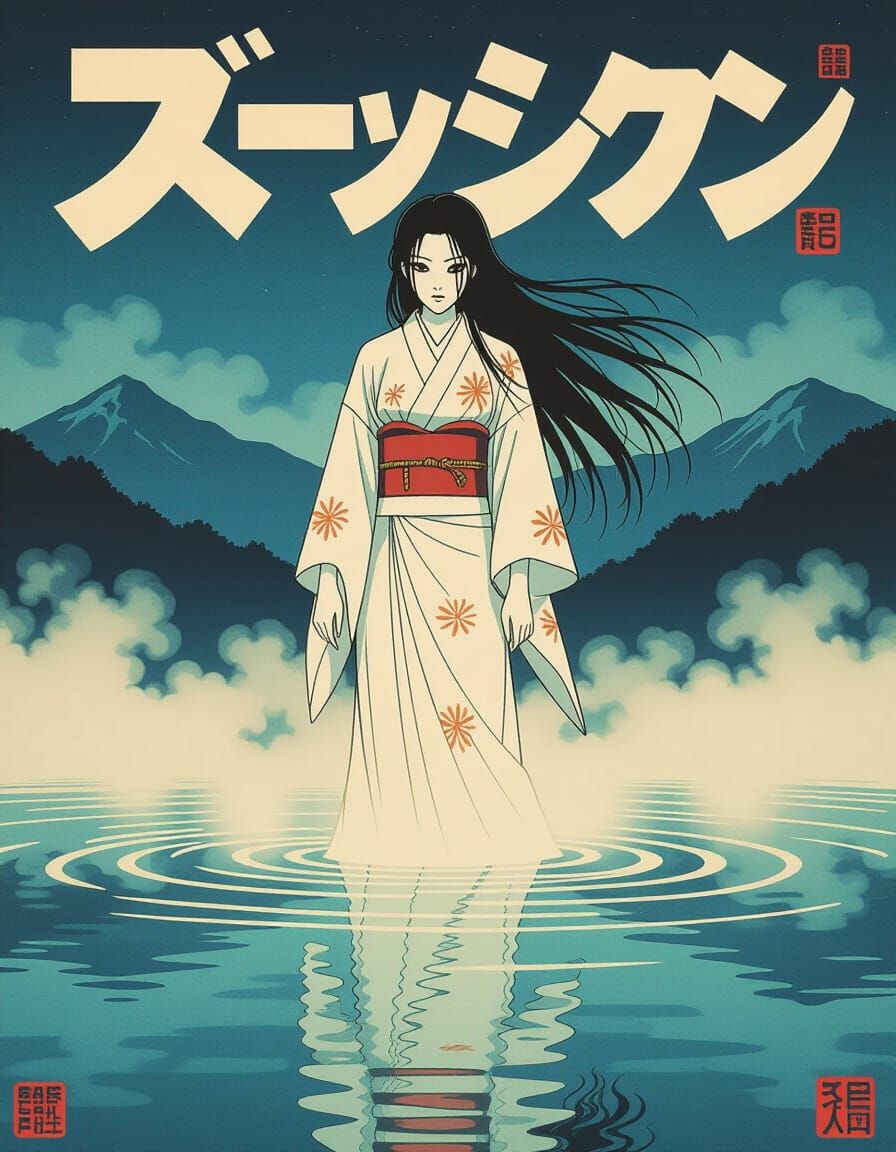 Ghostly Figure Rises from Misty Lake: Manga Horror