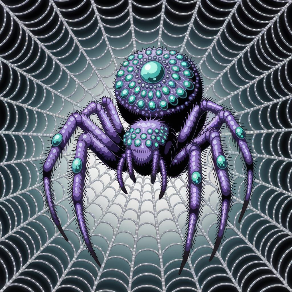 Vibrant, Jewel-Toned Spider Illustration in Metallic Web Sty...