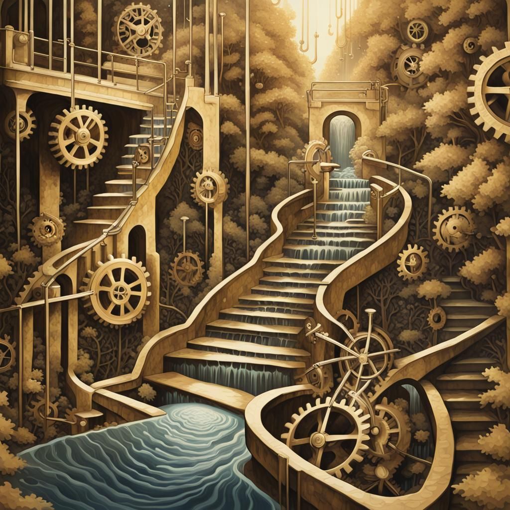 Escher-Inspired Clockwork Maze with Flowing Water