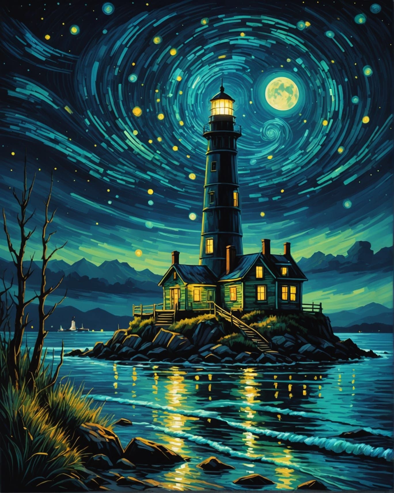 Neon Lighthouse in Van Gogh Style