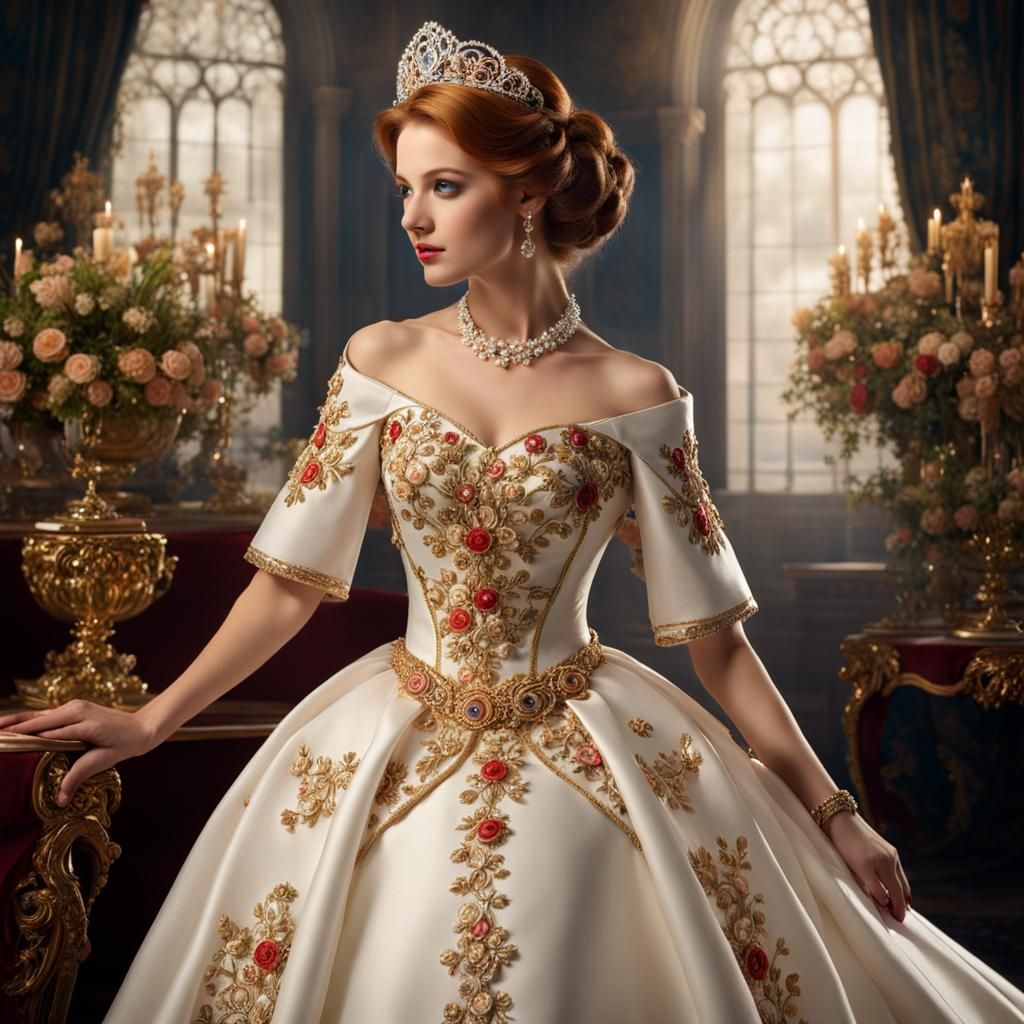 Elegant Woman in White Satin Dress, Detailed Matte Painting