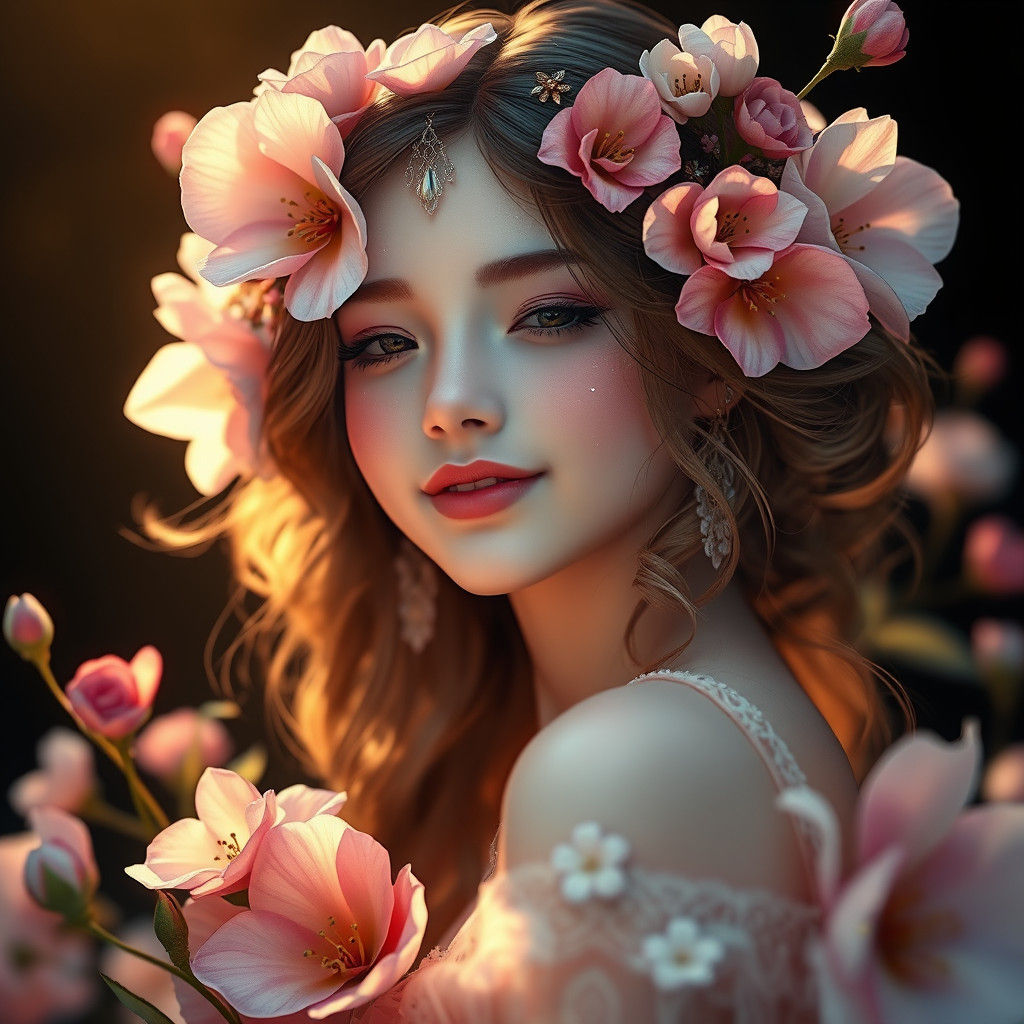 Ethereal Flower Girl in Art Nouveau Style