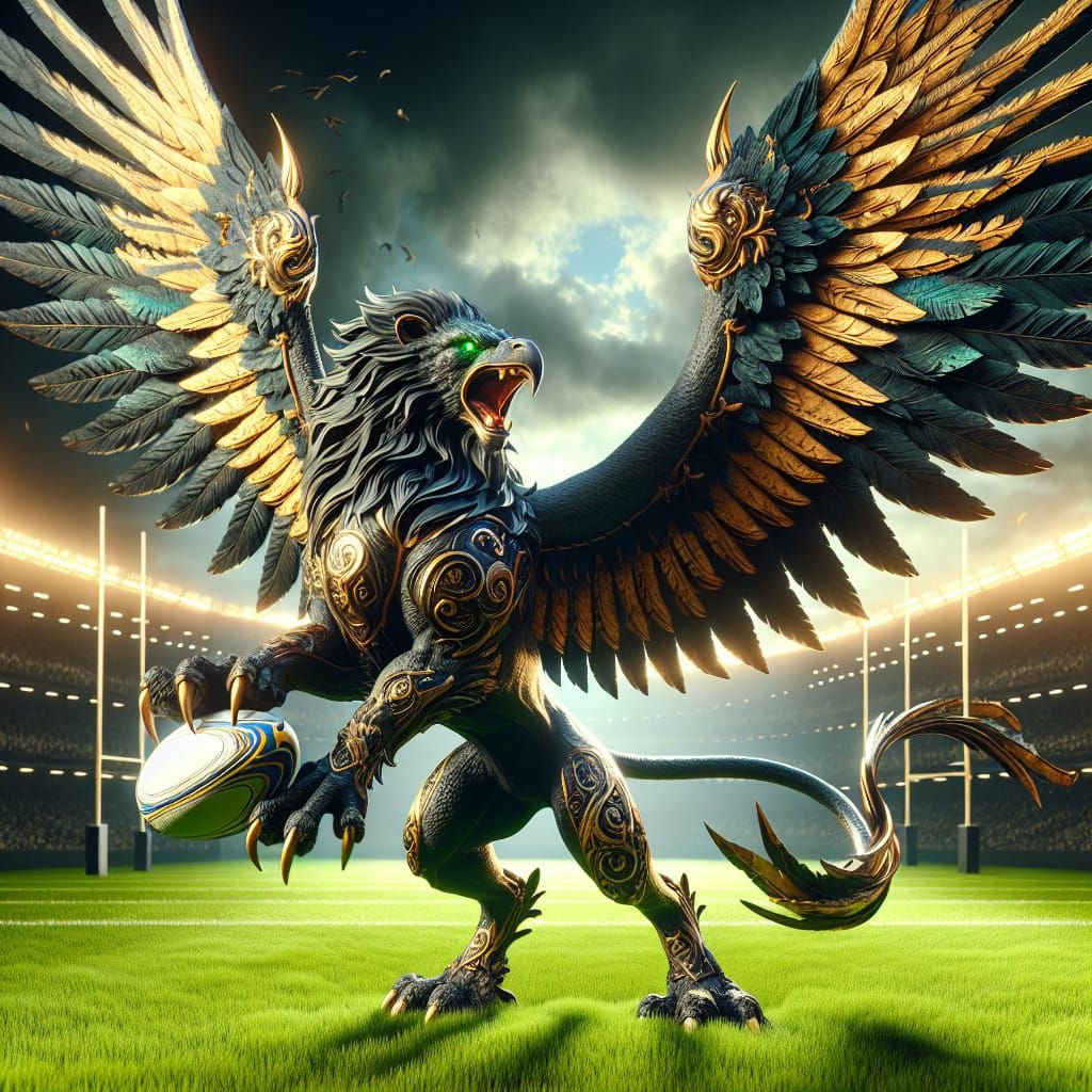 Fierce Black and Gold Griffon on Rugby Field
