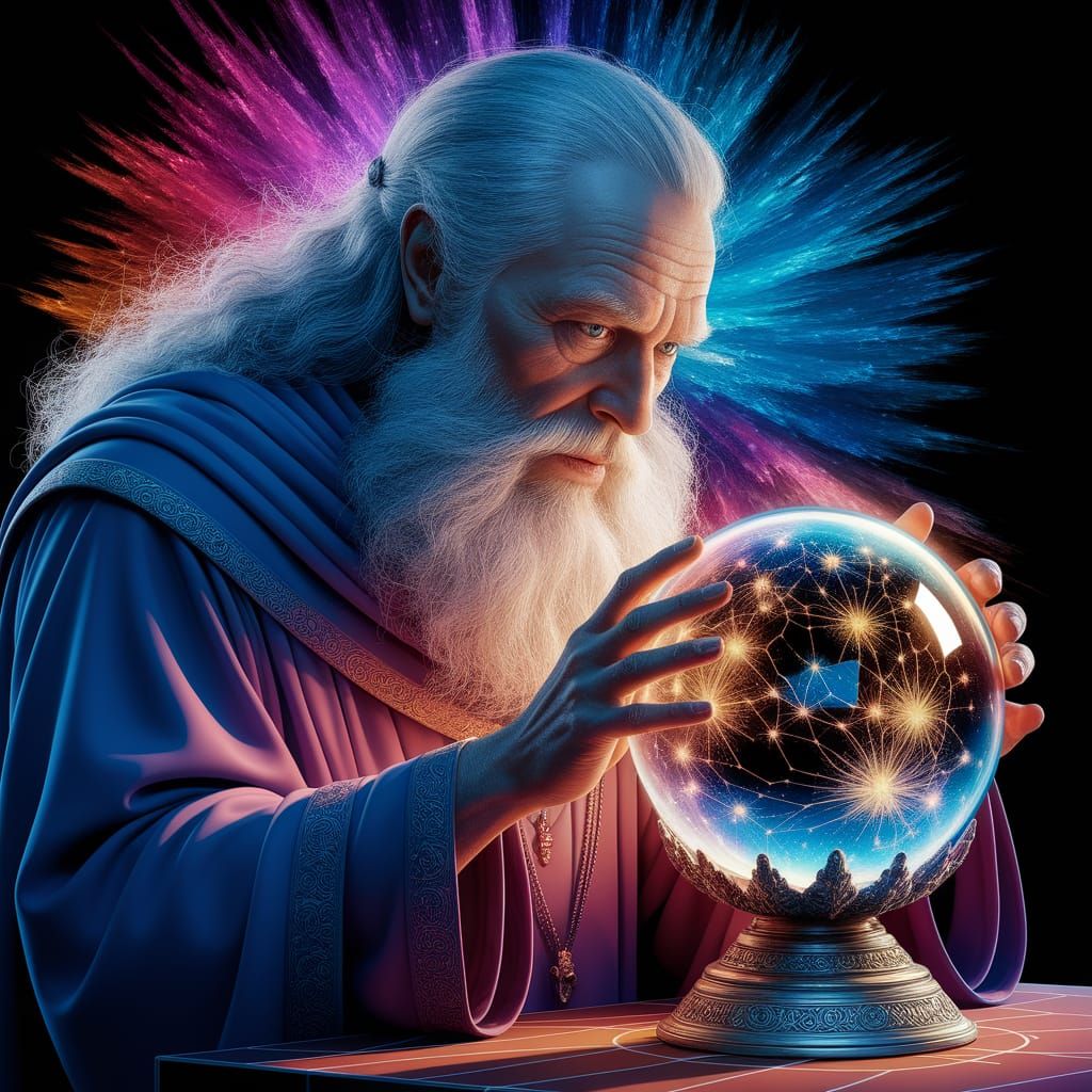 Algorithm Wizard Studying Crystal Ball in Hyperrealistic Sty...