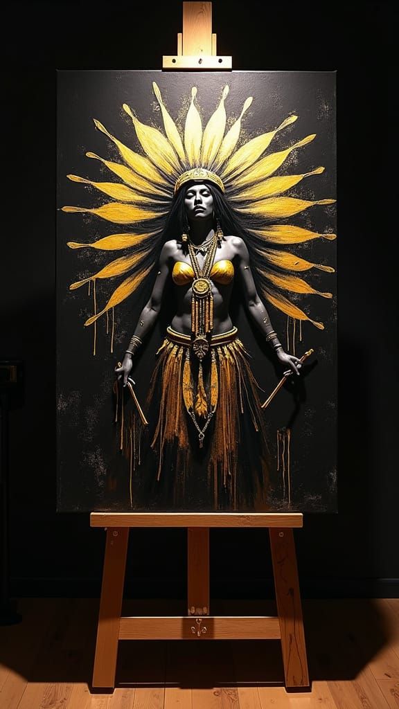 Native American Dancer in Gold Regalia, Grunge Style