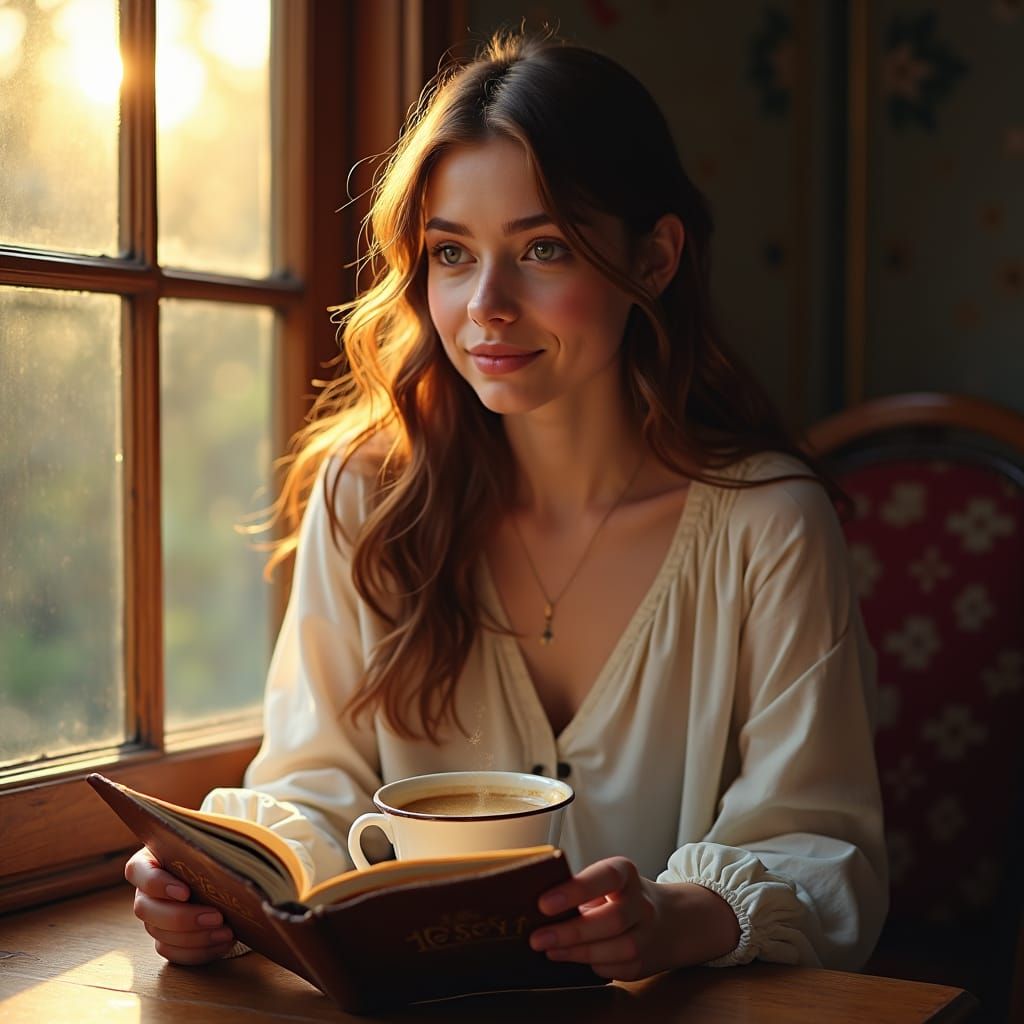 Woman Reading Poetry with Coffee, Golden Hour Lighting