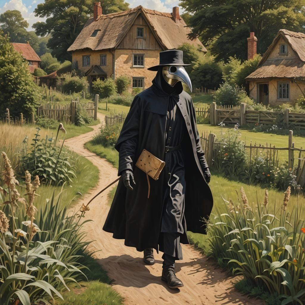 Plague Doctor Walks to Cottage: Pre-Raphaelite Style