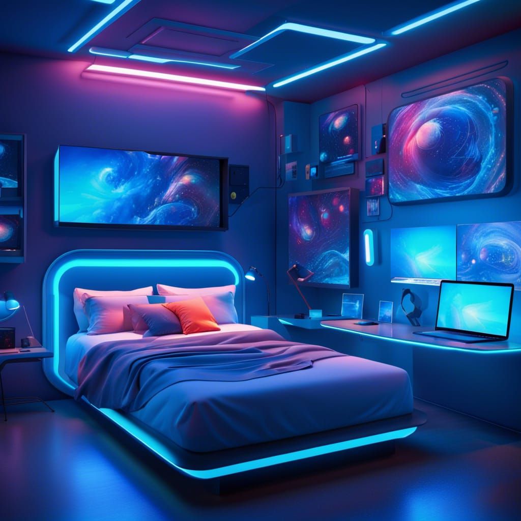 Futuristic Bedroom with PC Setup in Hyperreal 4K