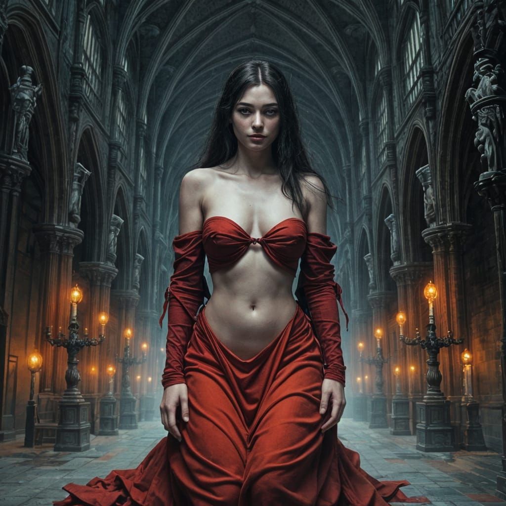 Ethereal Gothic Maiden in Crimson Elegance