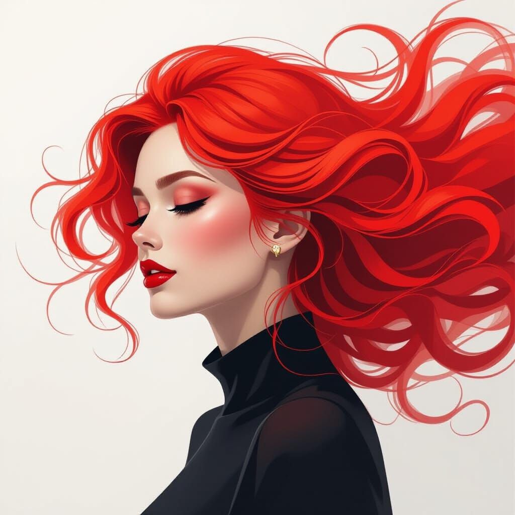 Chaotic Beauty: Red-Dominant Expressionist Portrait with Flo...