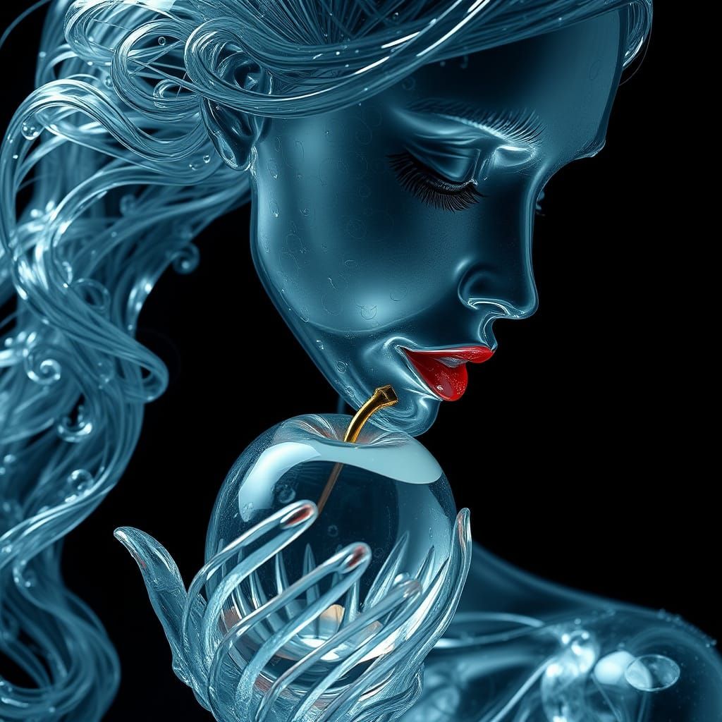 Glass Siren Bites into Glass Apple in Dreamlike Surrealism