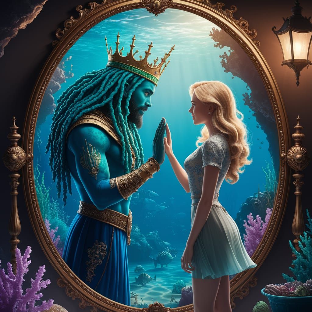 Sea King in Underwater Kingdom Reflected in Antique Mirror