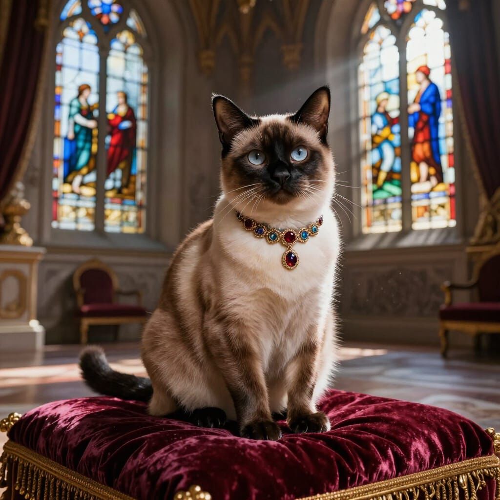 Regal Siamese Cat on Velvet Cushion in Opulent Castle Hall