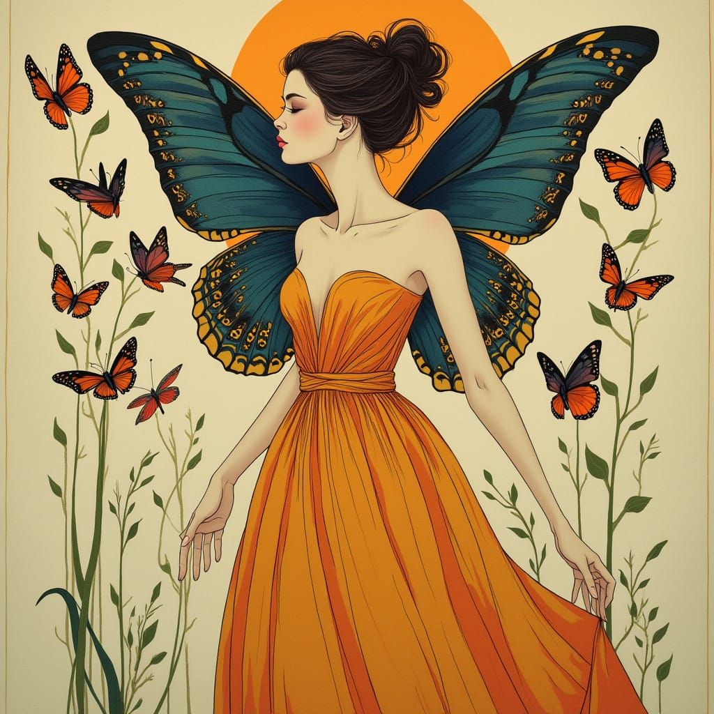Elegant European Woman with Butterfly Wings in Art Nouveau S...