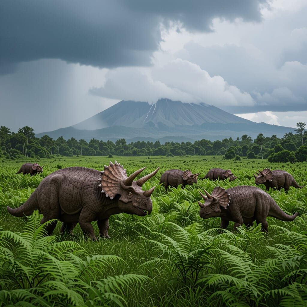 Triceratops Herd in Fern Prairie Under Thunderstorm