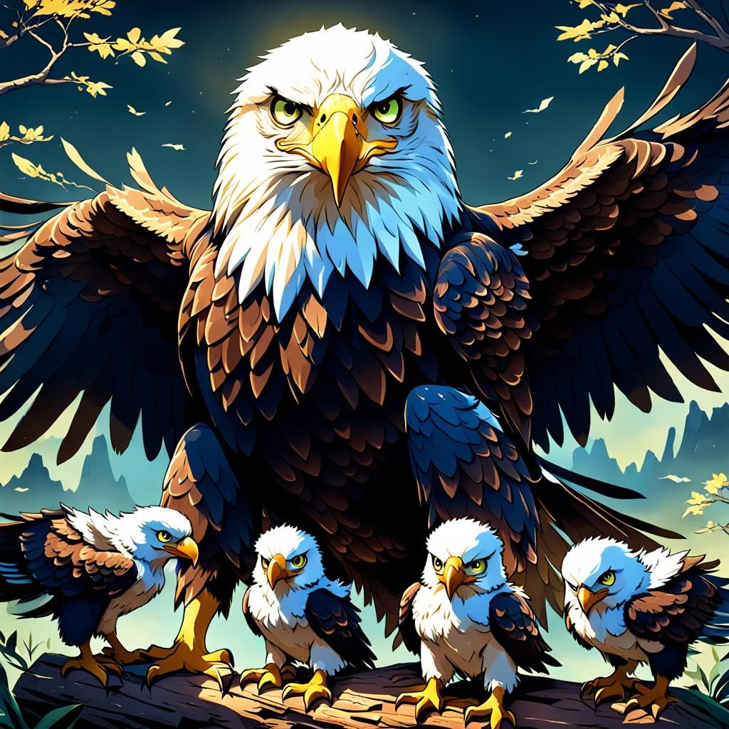 Anime Style Mother Eagle and Babies