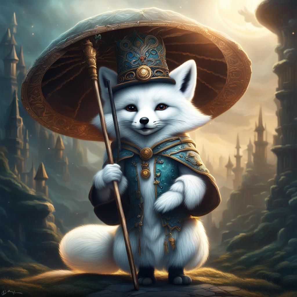 Magical White Fox with Staff: Digital Matte Painting