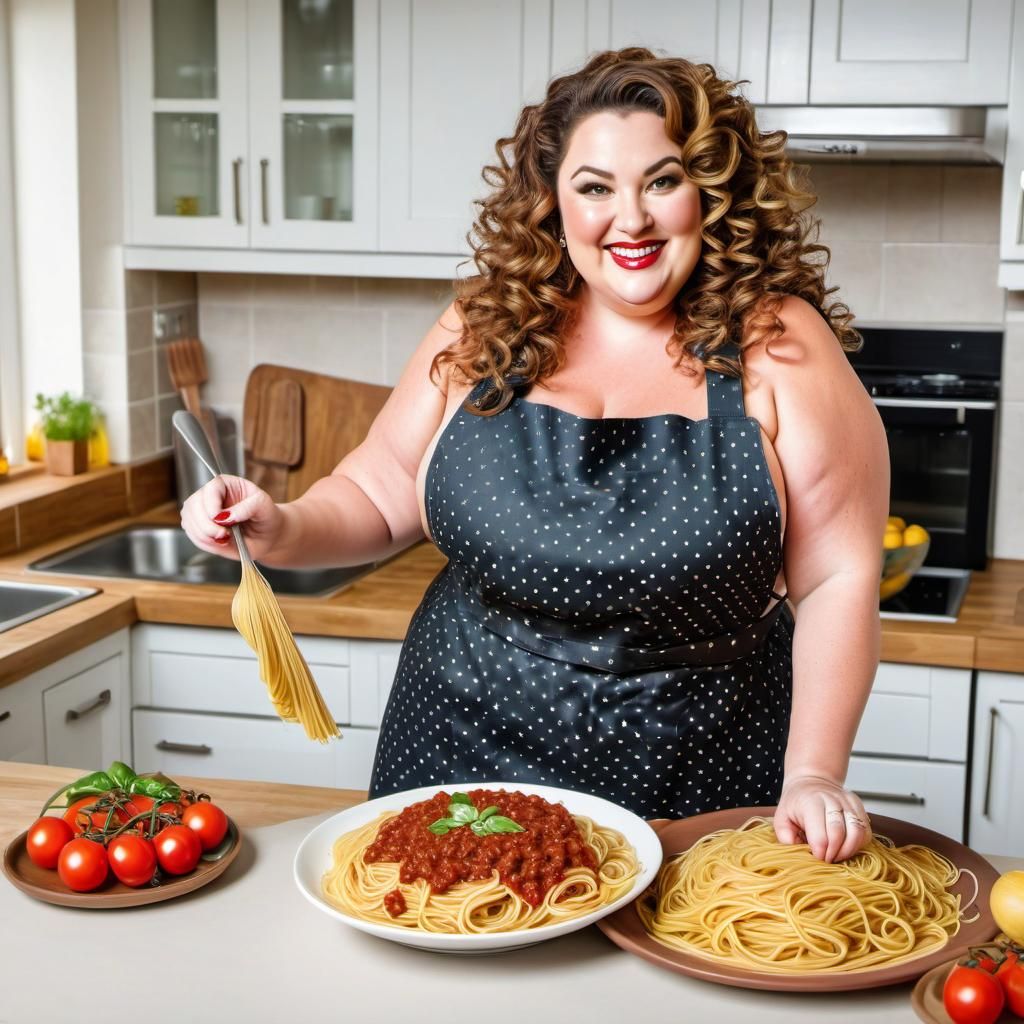 Curvy Woman Making Spaghetti in Elaborate Kitchen