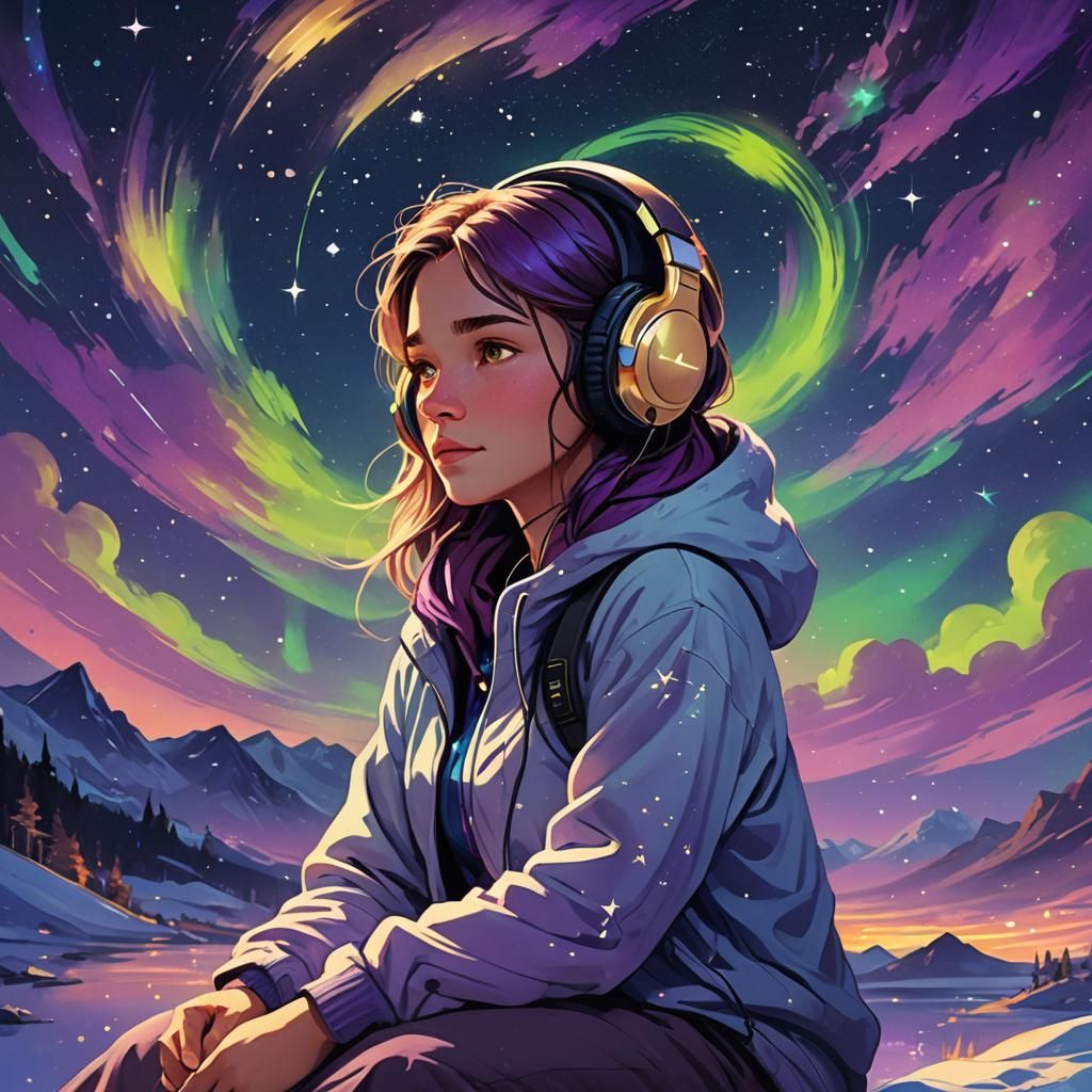 Cartoon Girl Listening to Music Under Aurora