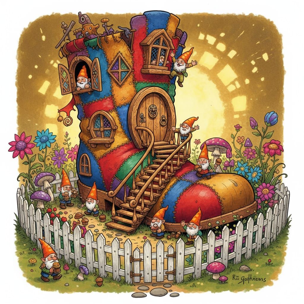 Whimsical Gnome Boot House Fantasy Scene