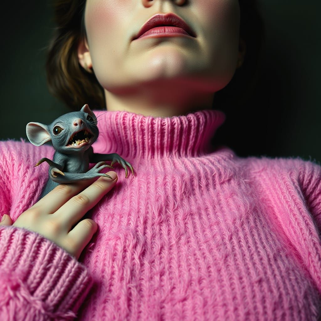 Surreal Horror: Tiny Monster Clutches Pink Fuzzy Sweater