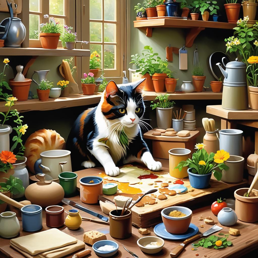 A cat meticulously painting a canvas, brush in paw, in a cozy art studio.