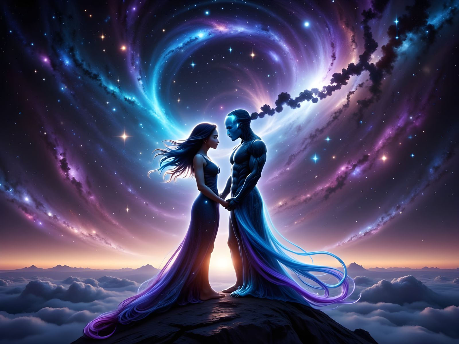 Cosmic Lovers Amidst the Vibrant Lyrion Nebula