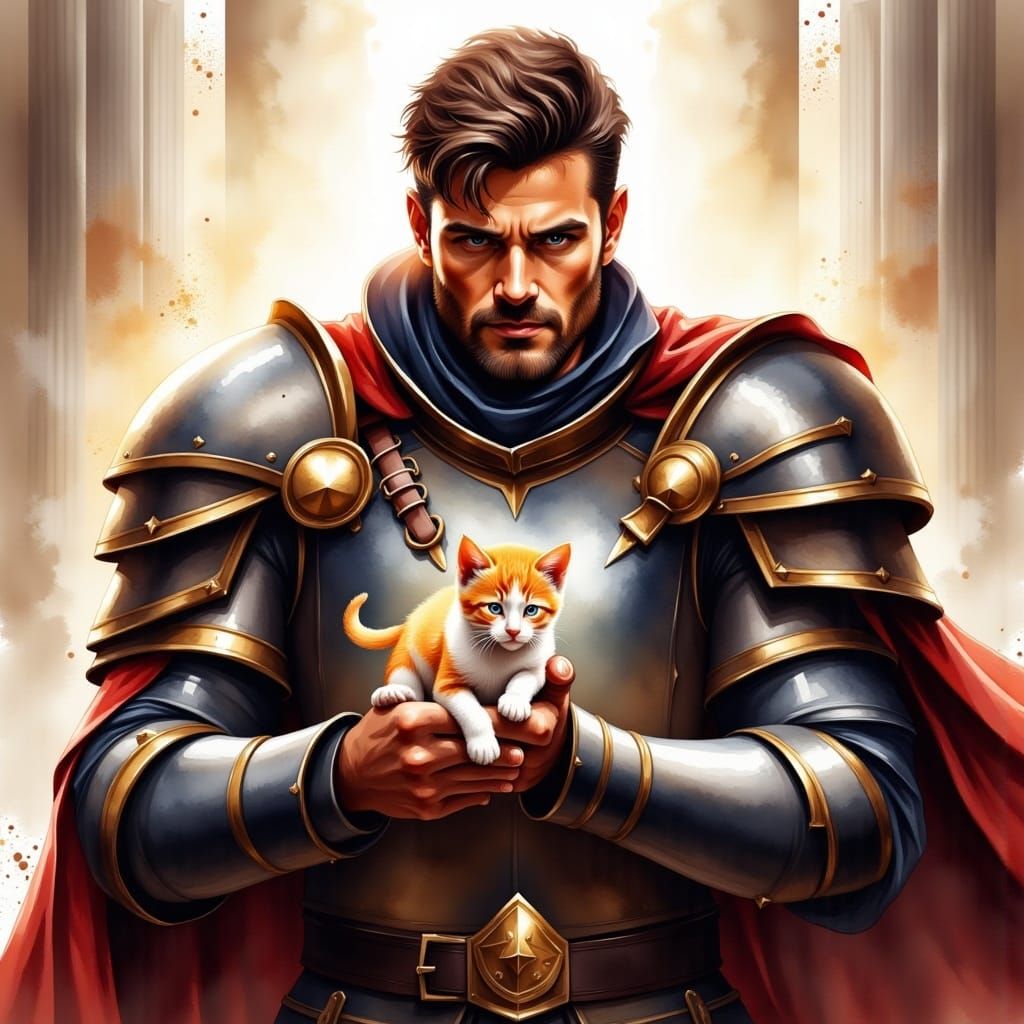 Paladin with Kitten: Digital Art in Soft Light
