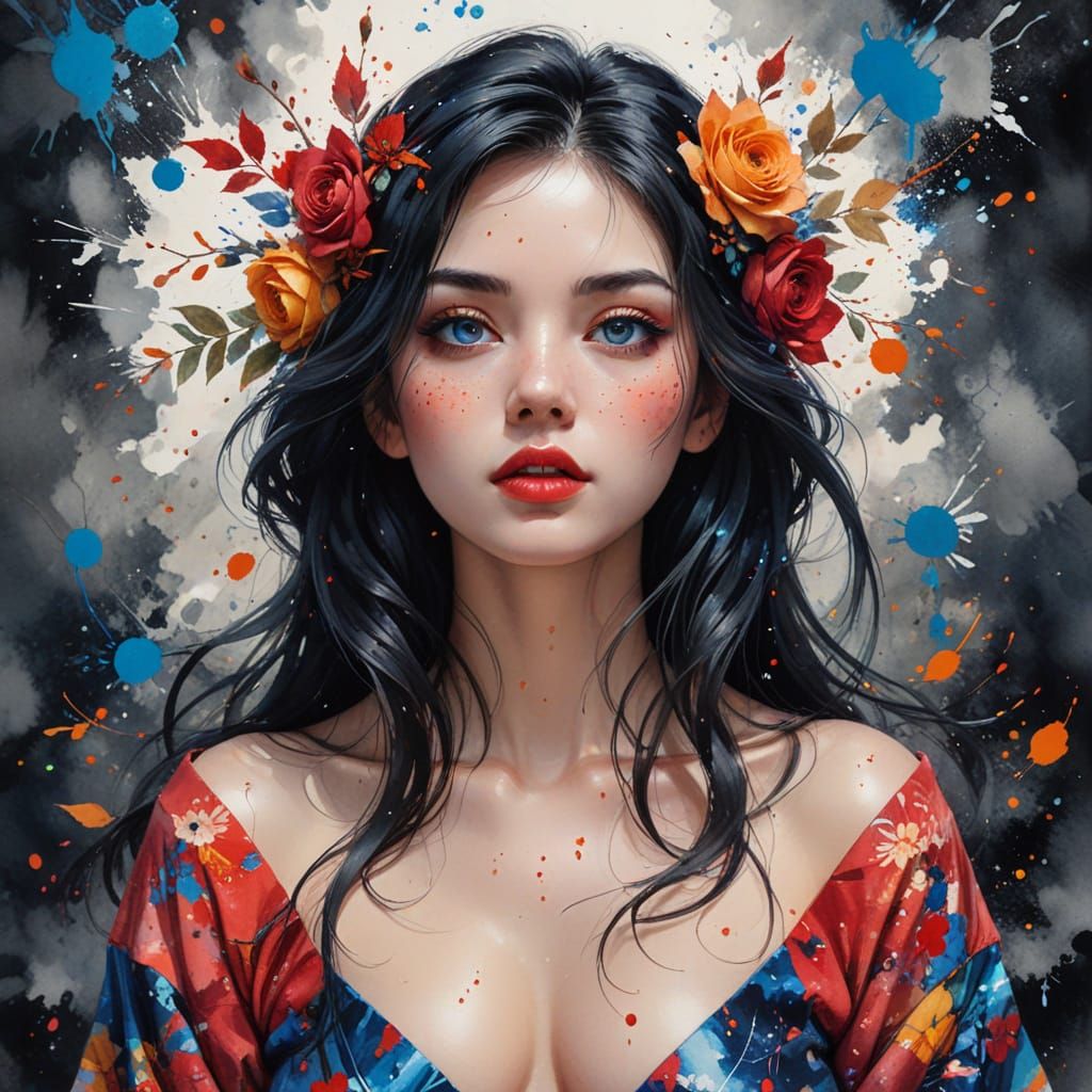 Anime-Style Portrait of a Beautiful Young Woman in Tradition...