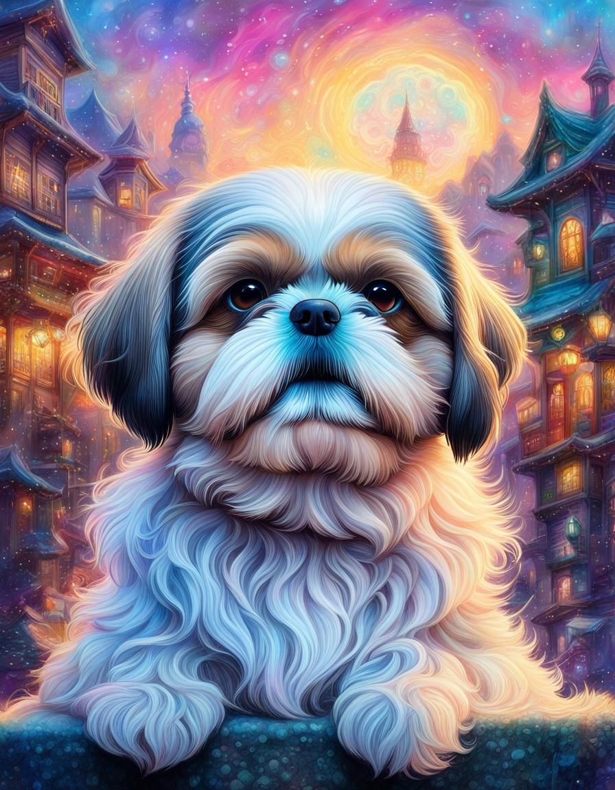 colorful Pencil sketch of A beautiful Shih Tzu in an acient Town