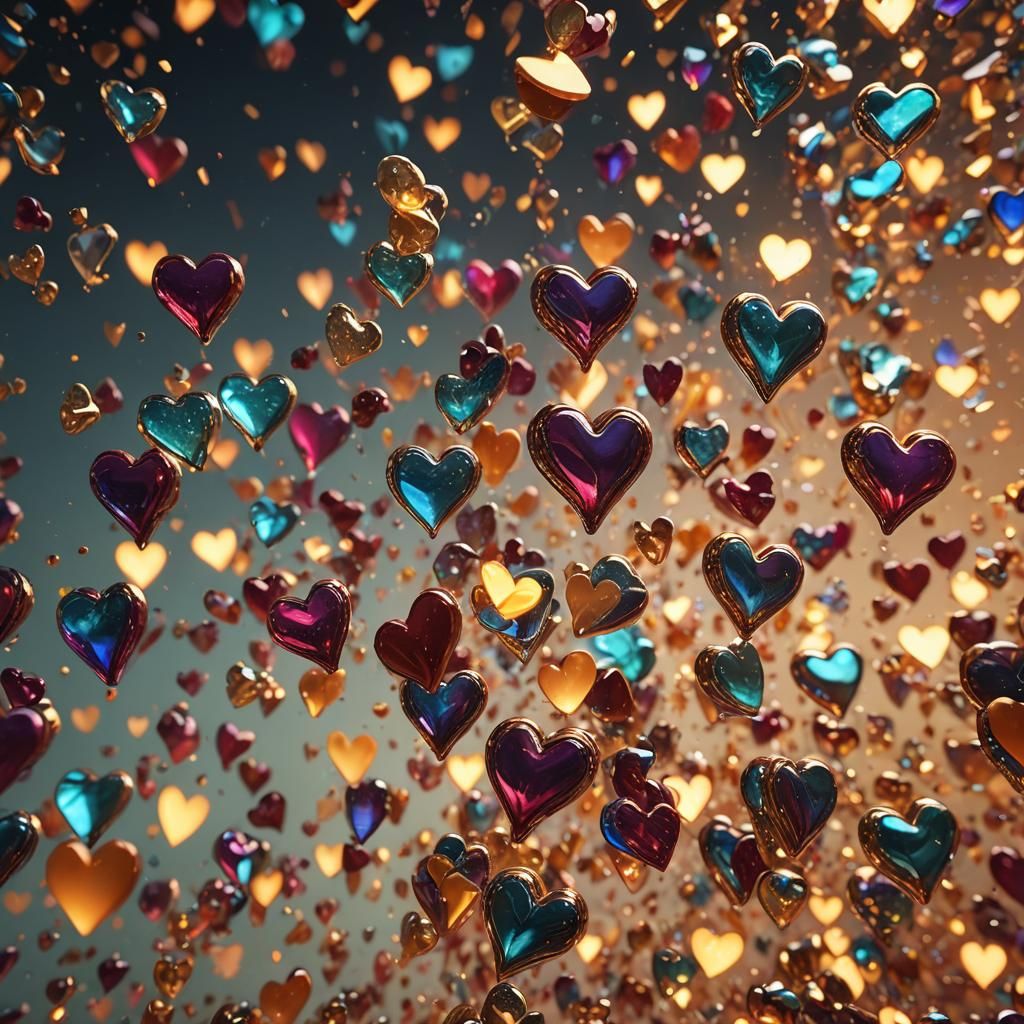 Glass Hearts Floating in Abstract Nebula