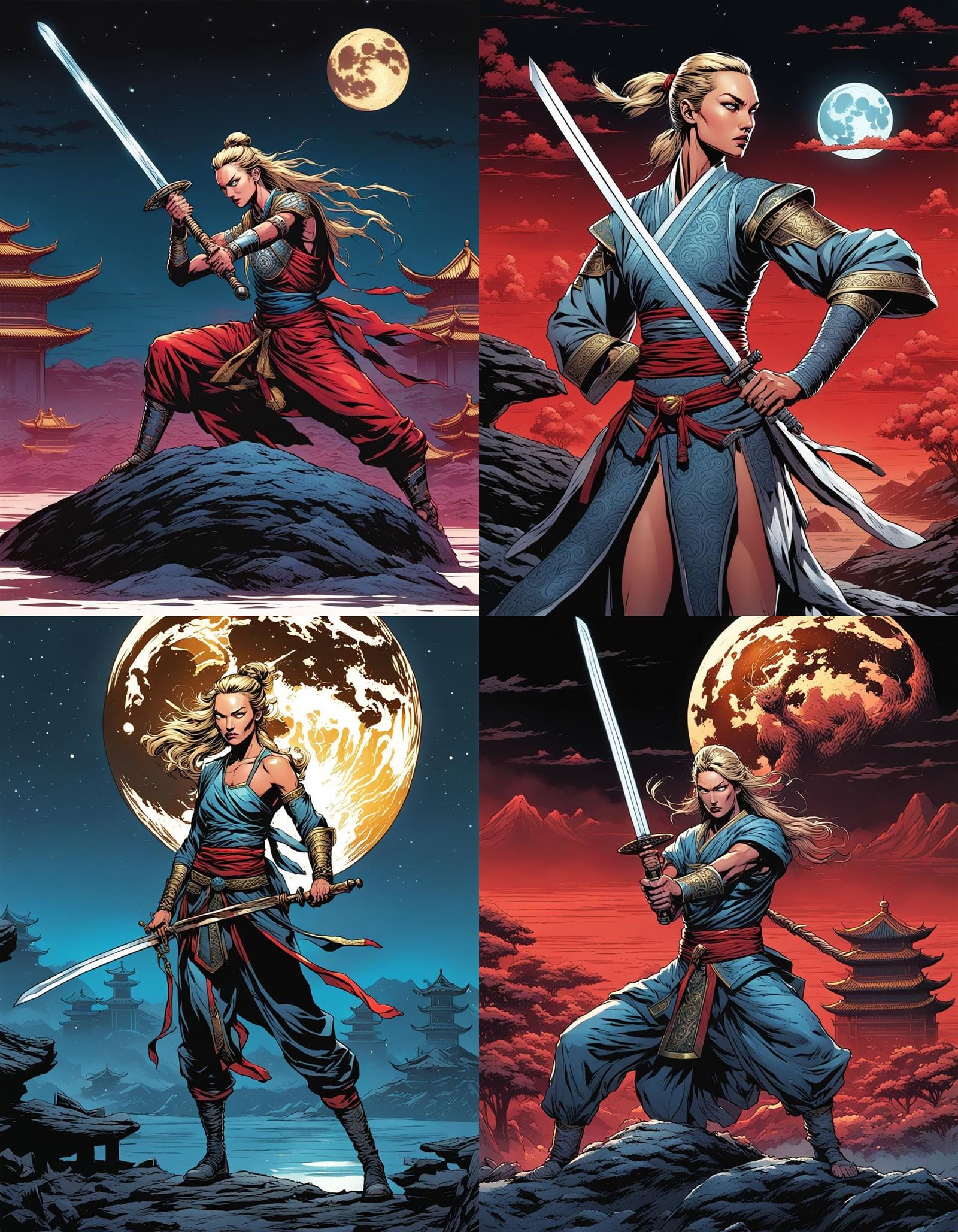 Female Warrior With Sword Under Full Moon