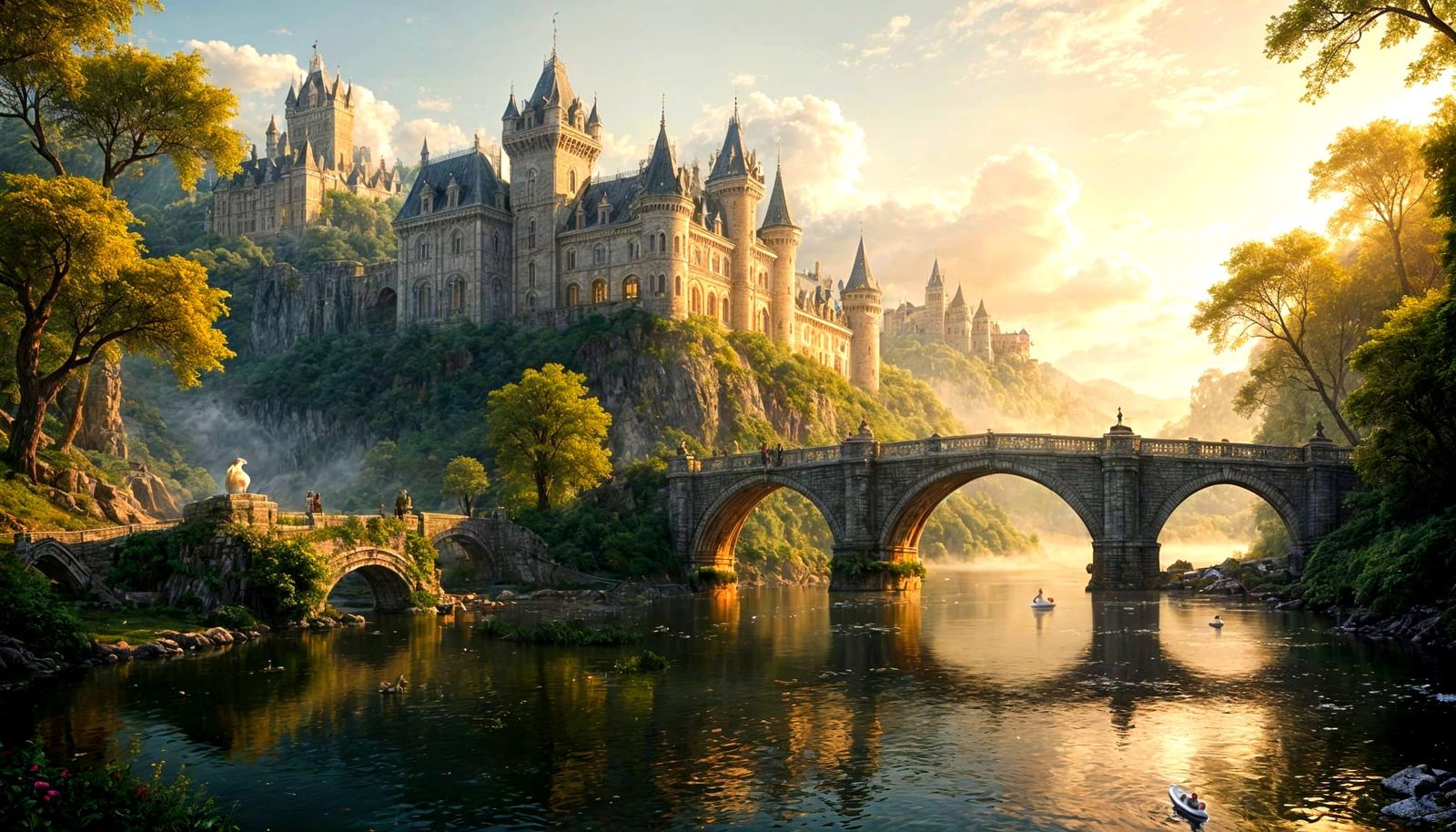 European Castle with Swan in Painterly Realism