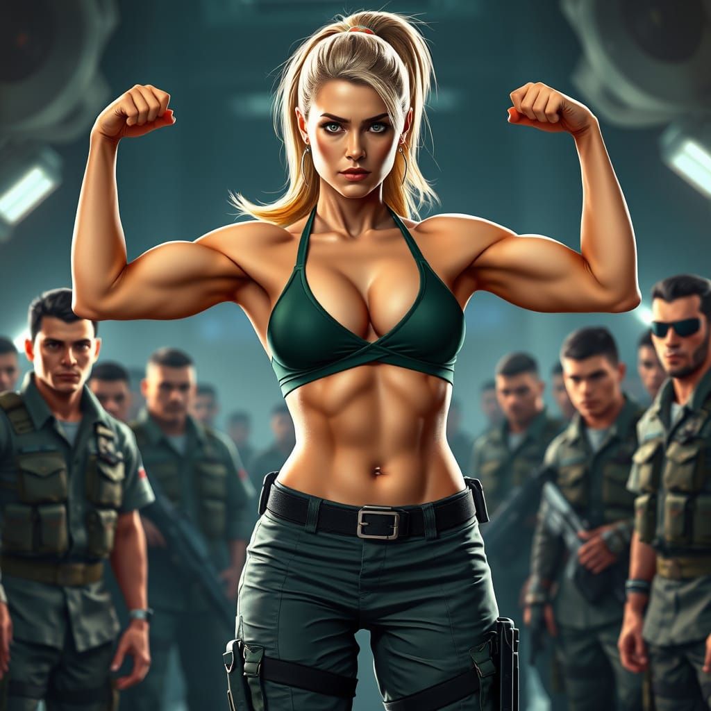 Cassie Cage showing off her muscles to male soldiers in the ...