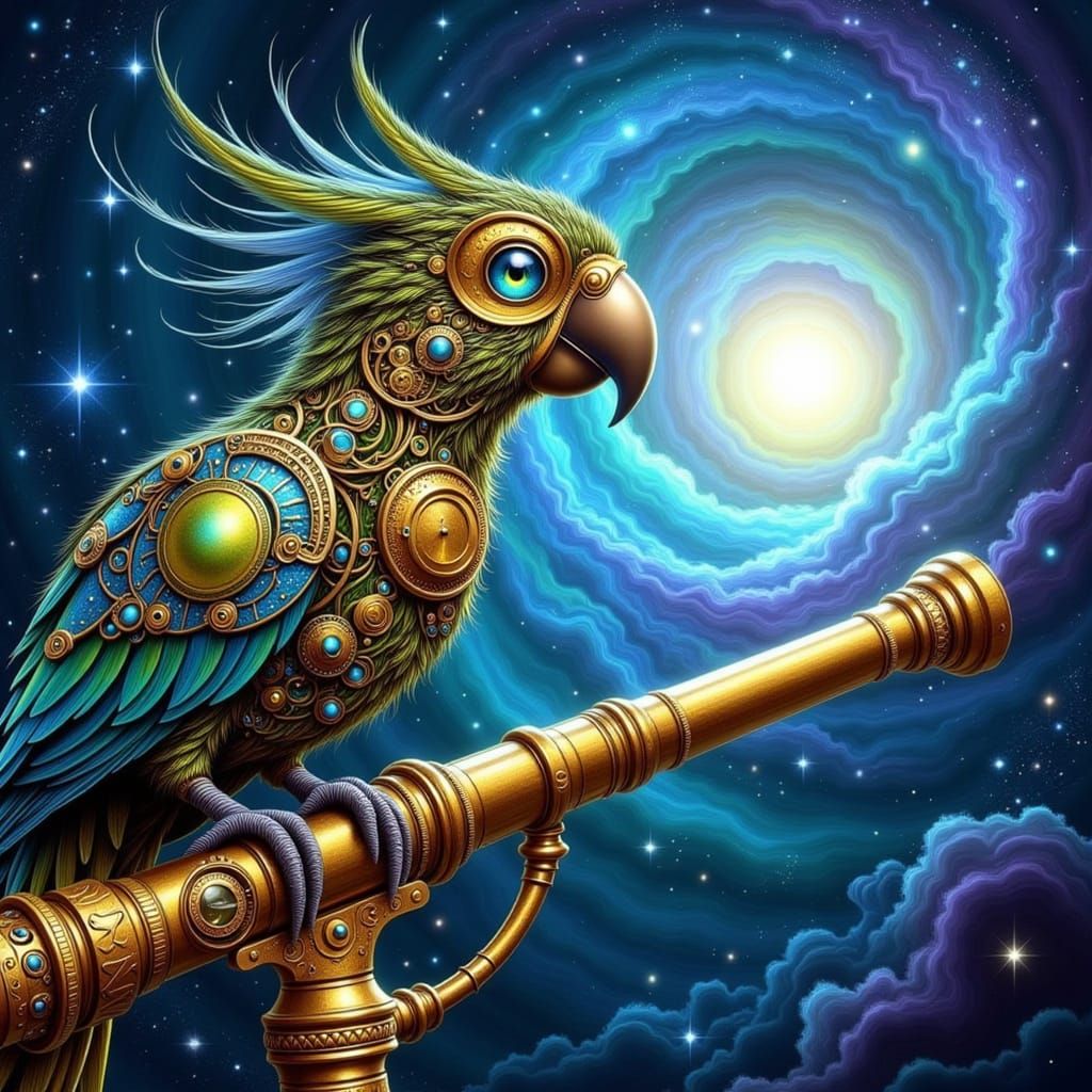 Mechanical Parrot on Telescope Gazing at Nebula