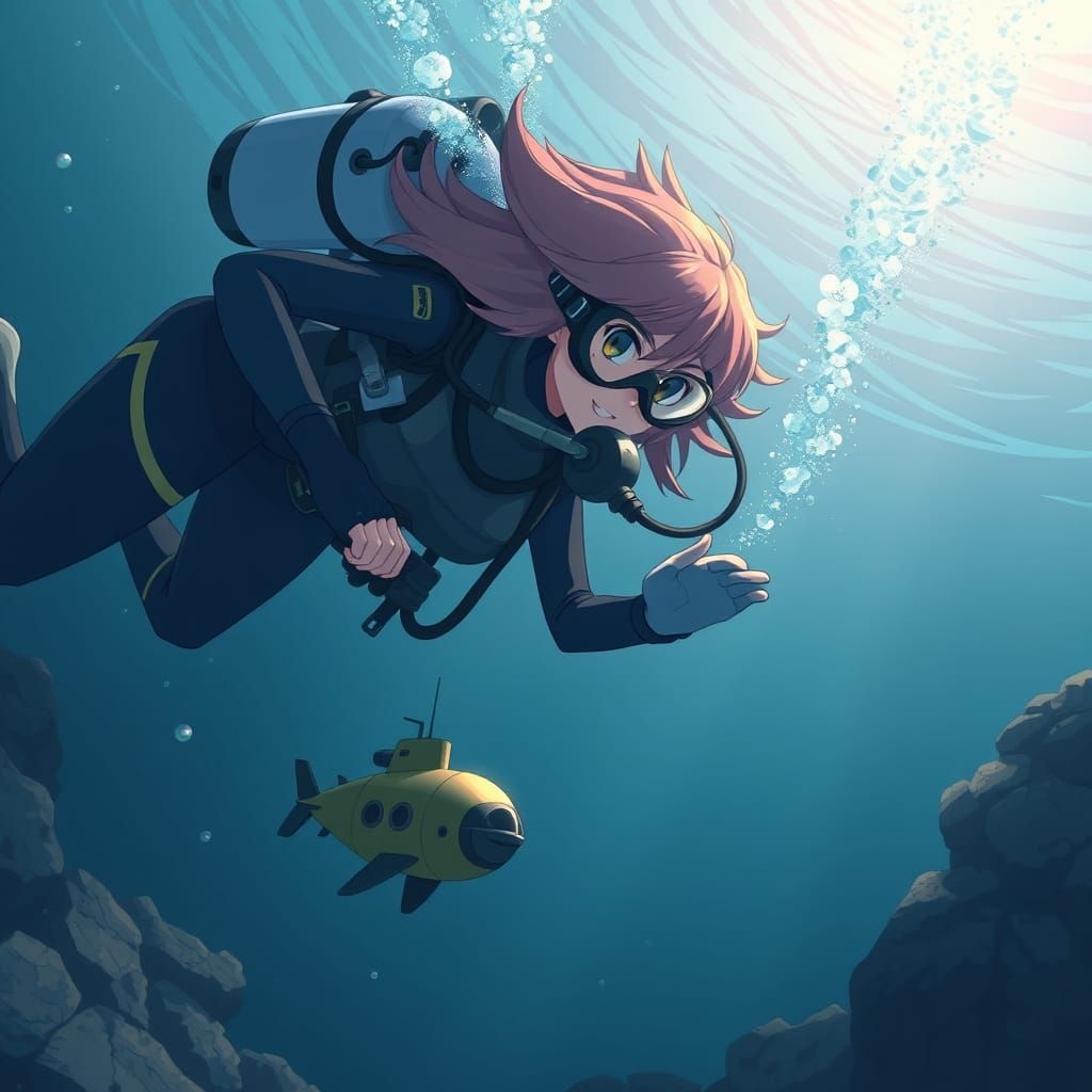 Giant Female Scuba Diver in Underwater Anime Style