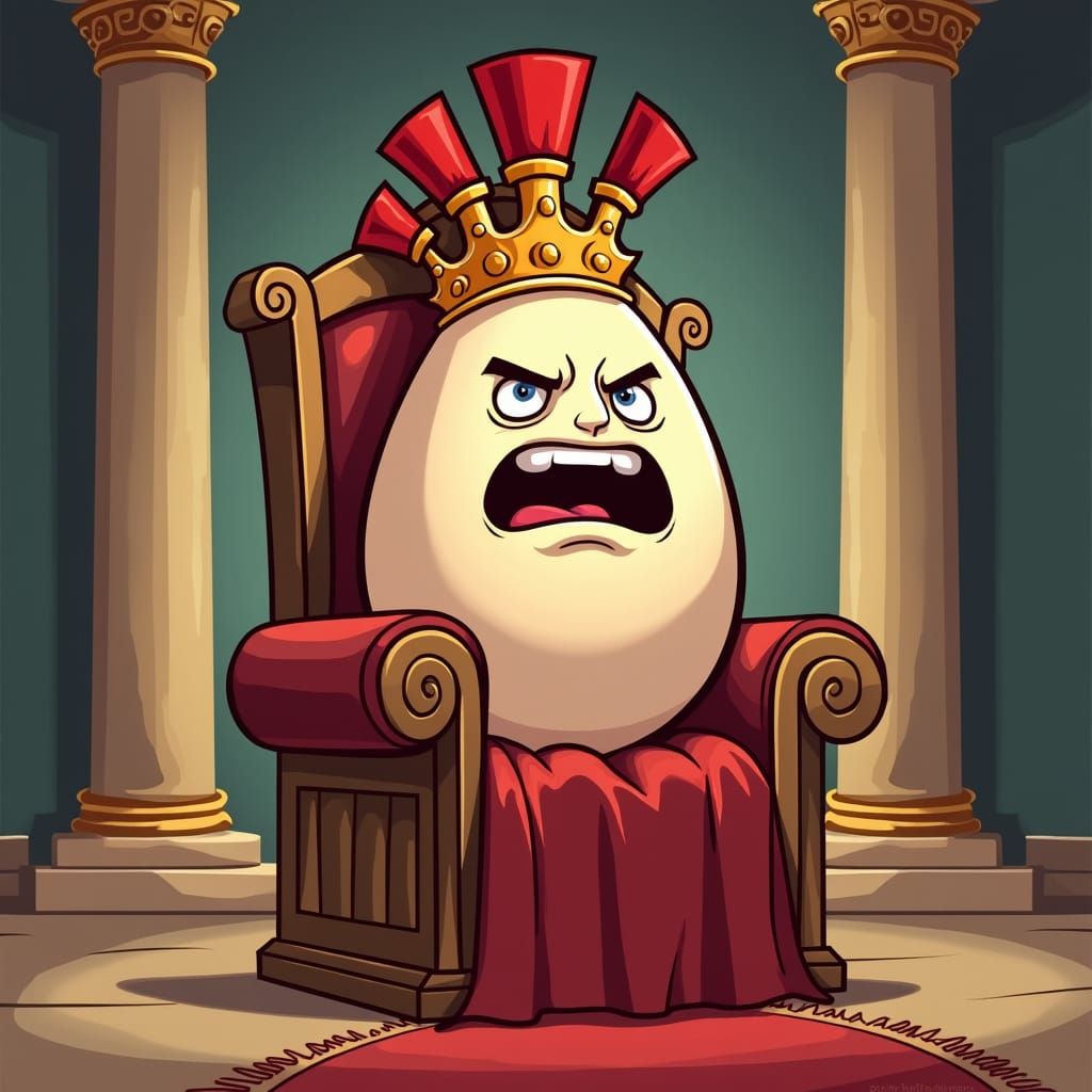 Angry Cartoon Caesar Egg on Throne in Rome