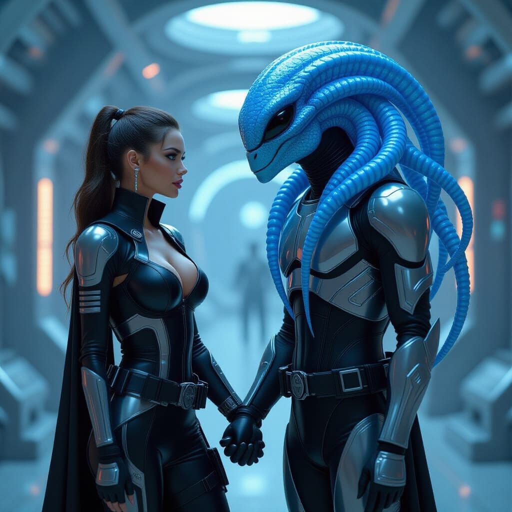 Futuristic Bounty Hunter and Alien Encounter