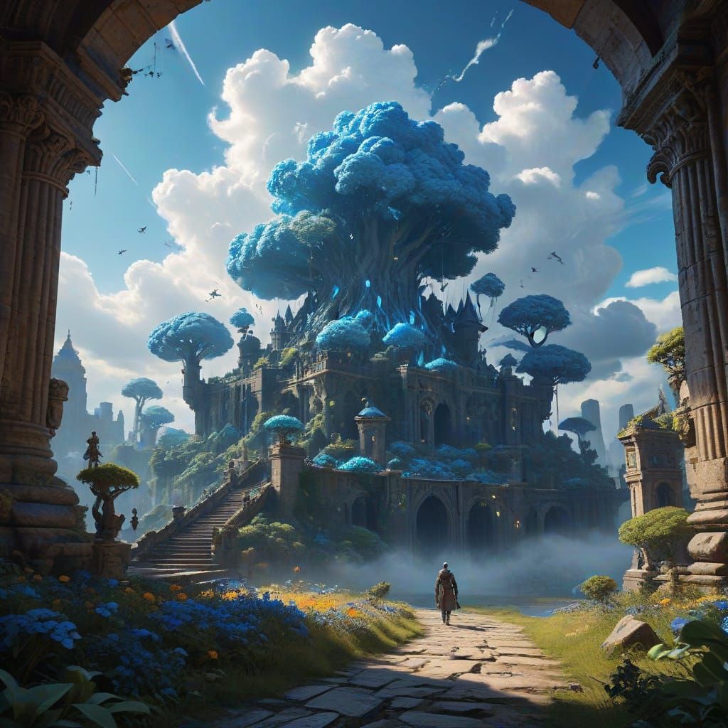 Electric Blue Fantasy Realm in Cinematic Style