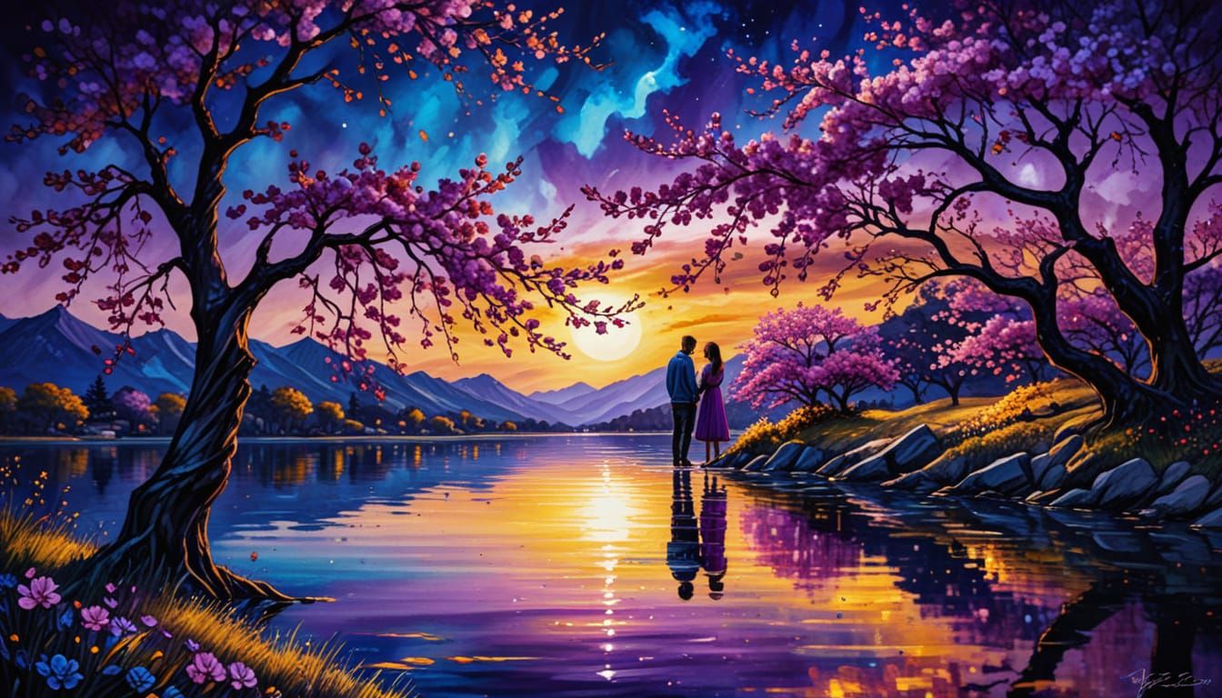 Lovers by Lake Under Moonlight in Alcohol Ink Style
