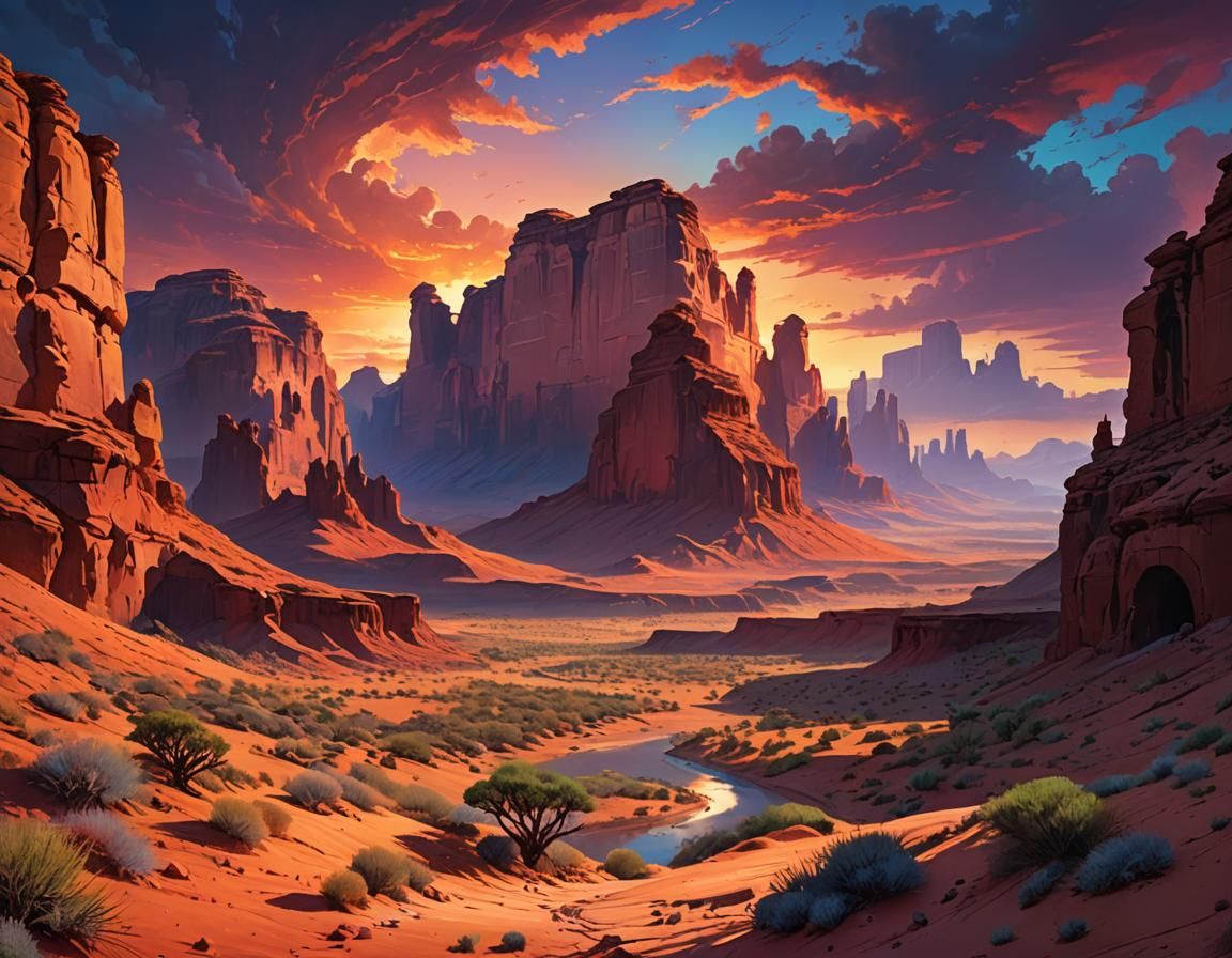 Mystical Desert Sunset with Sandstone Canyon