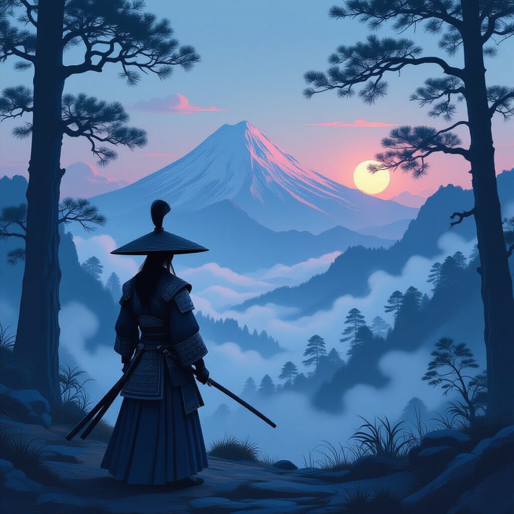 Samurai Warrior Contemplating Mountain Landscape