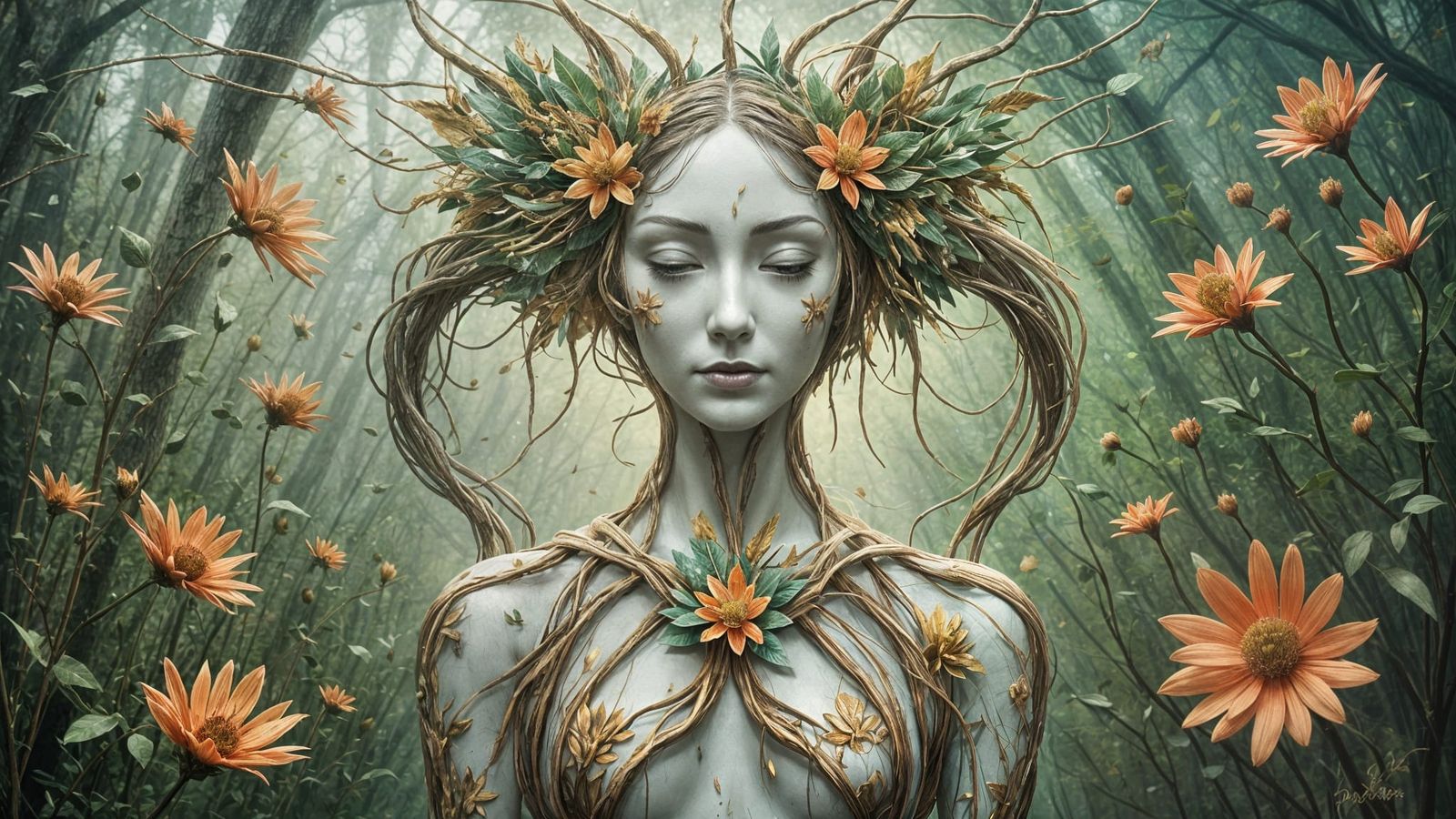 Cyborgs Among Blooming Florals in a Tapestry of Elegance