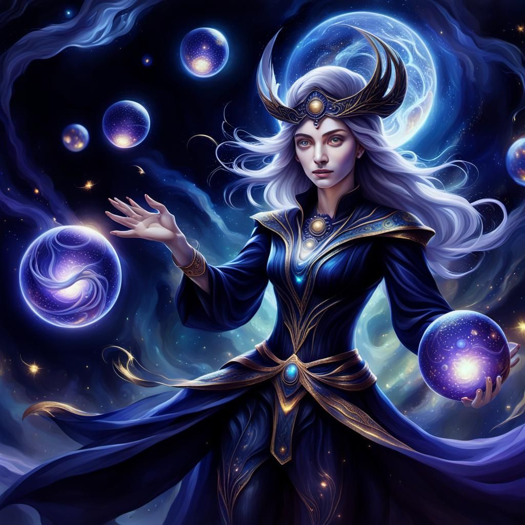 Mystical Woman with Glowing Orbs: Fantasy Concept Art