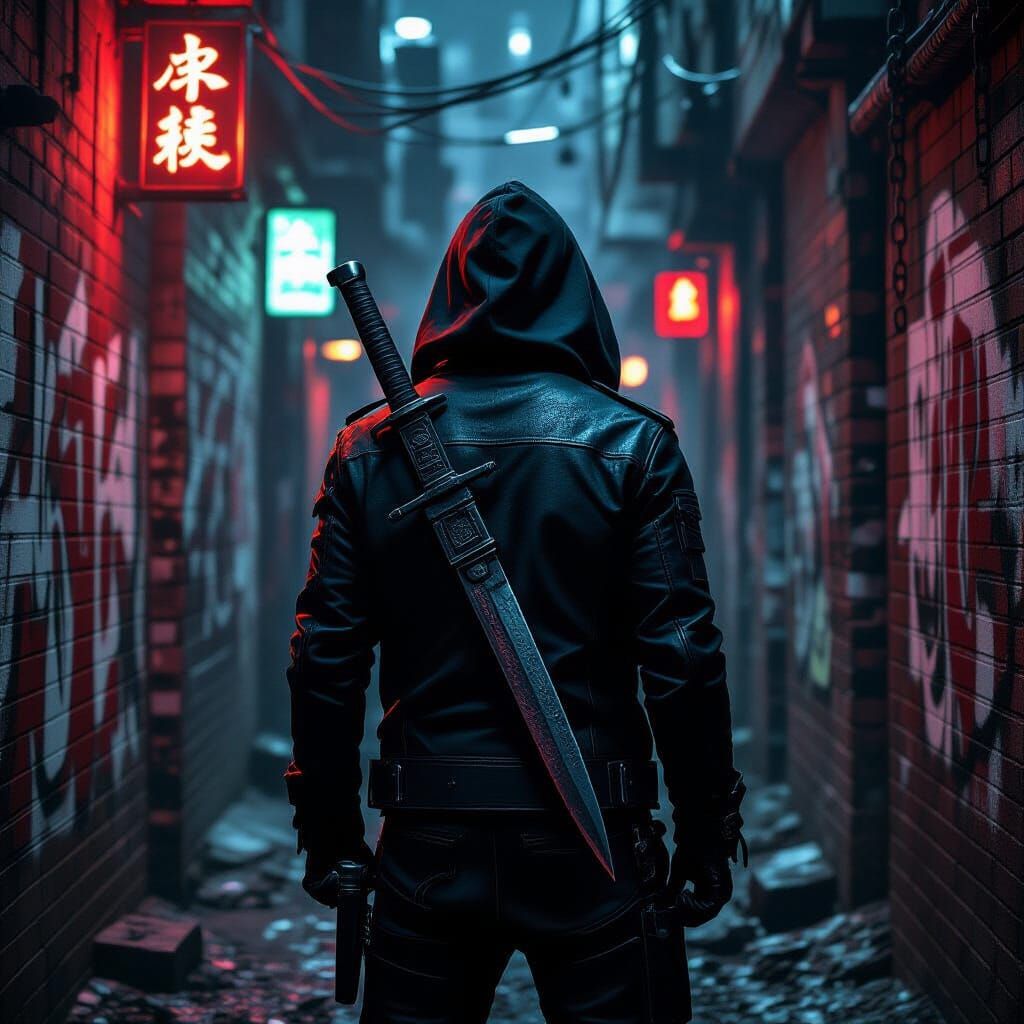 Cyber-Noir Figure with Binary Code Knife