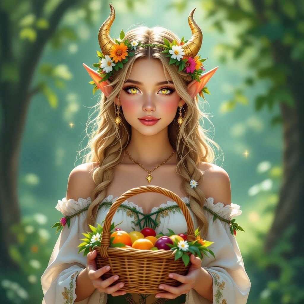 Whimsical Female Elf in Witch Robes with Floral Garland
