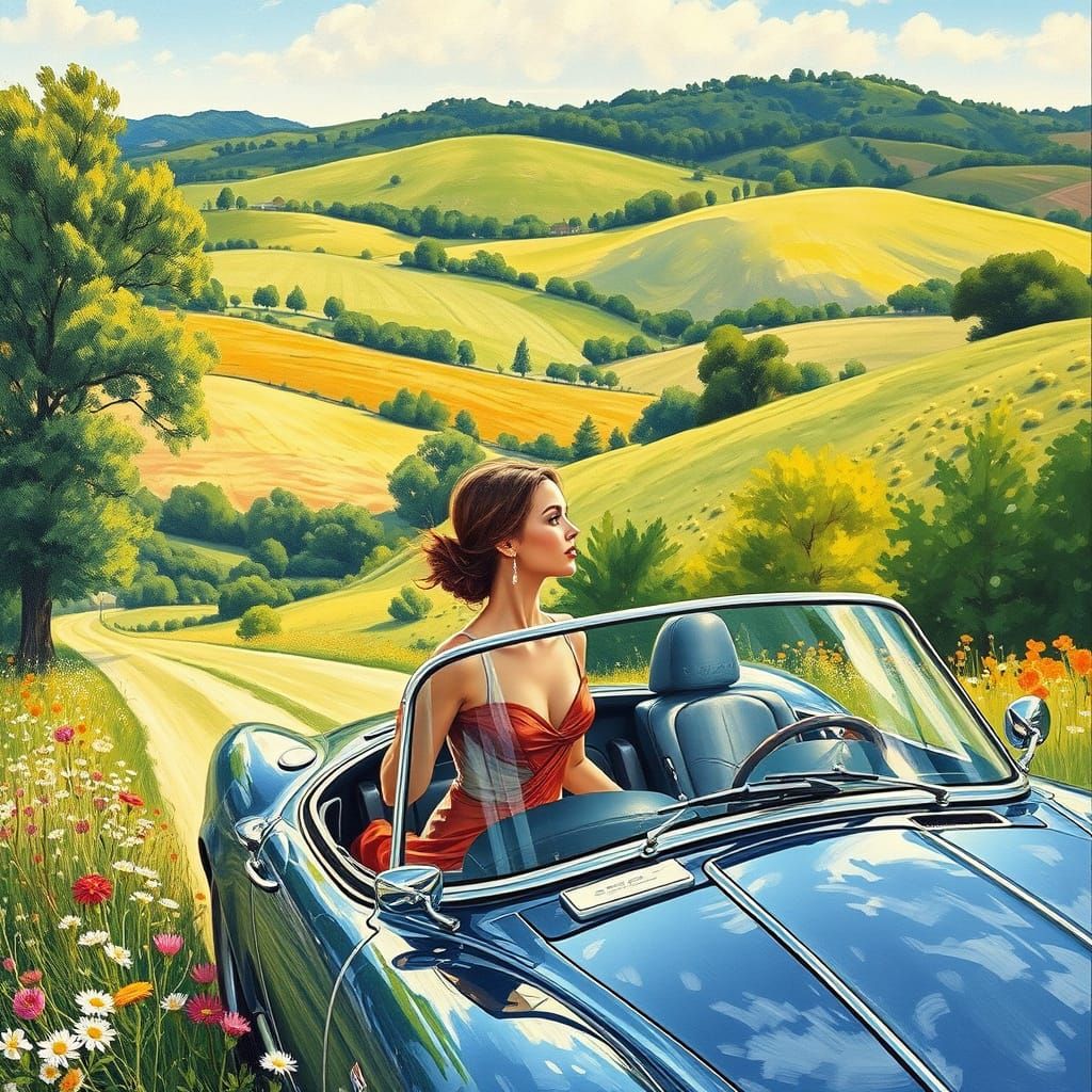 Elegant Woman Drives Sports Car: Gouache Impressionism