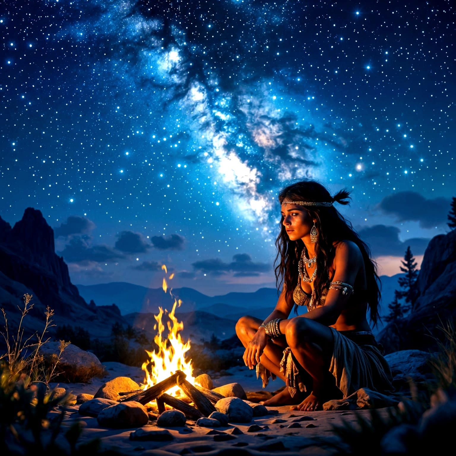 Neanderthal Woman by Fire Under Milky Way