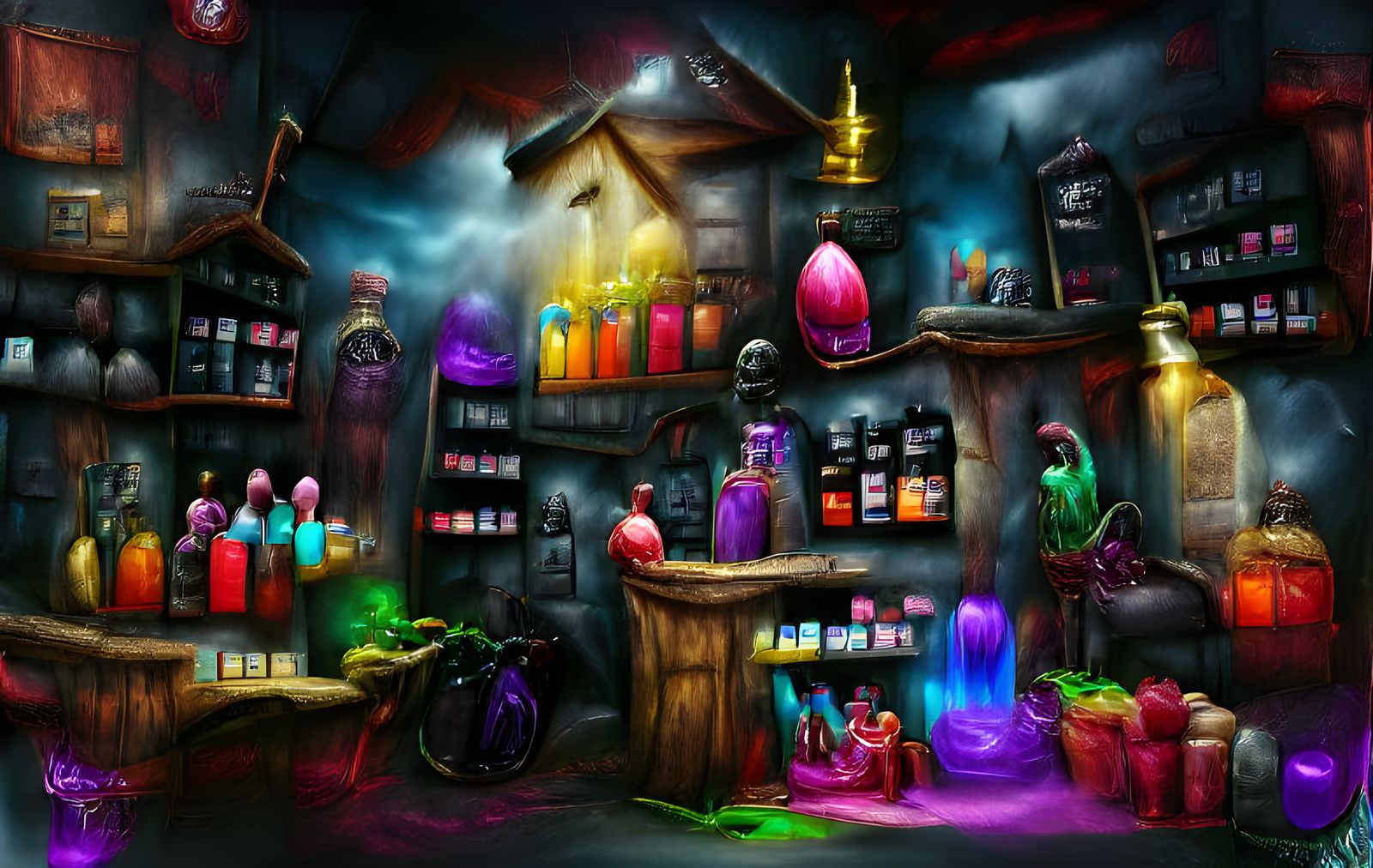 Charming Potion Shop Interior in Cartoon Style